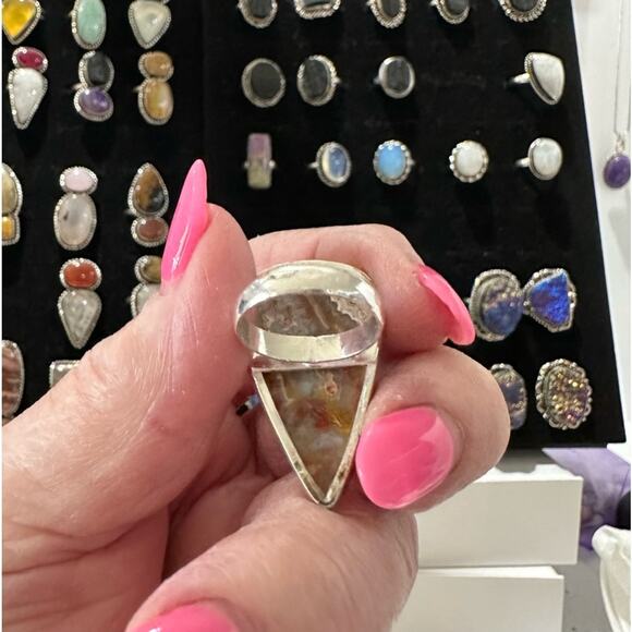 💕 Natural Crazy lace agate gemstone ring. Silver overlay handmade size 5 - Picture 3 of 5